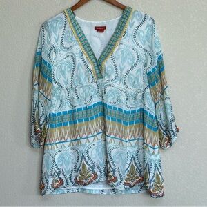 Sundance 100% Silk Boho Tunic Top Medium Blue Paisley Empire Waist Blouse